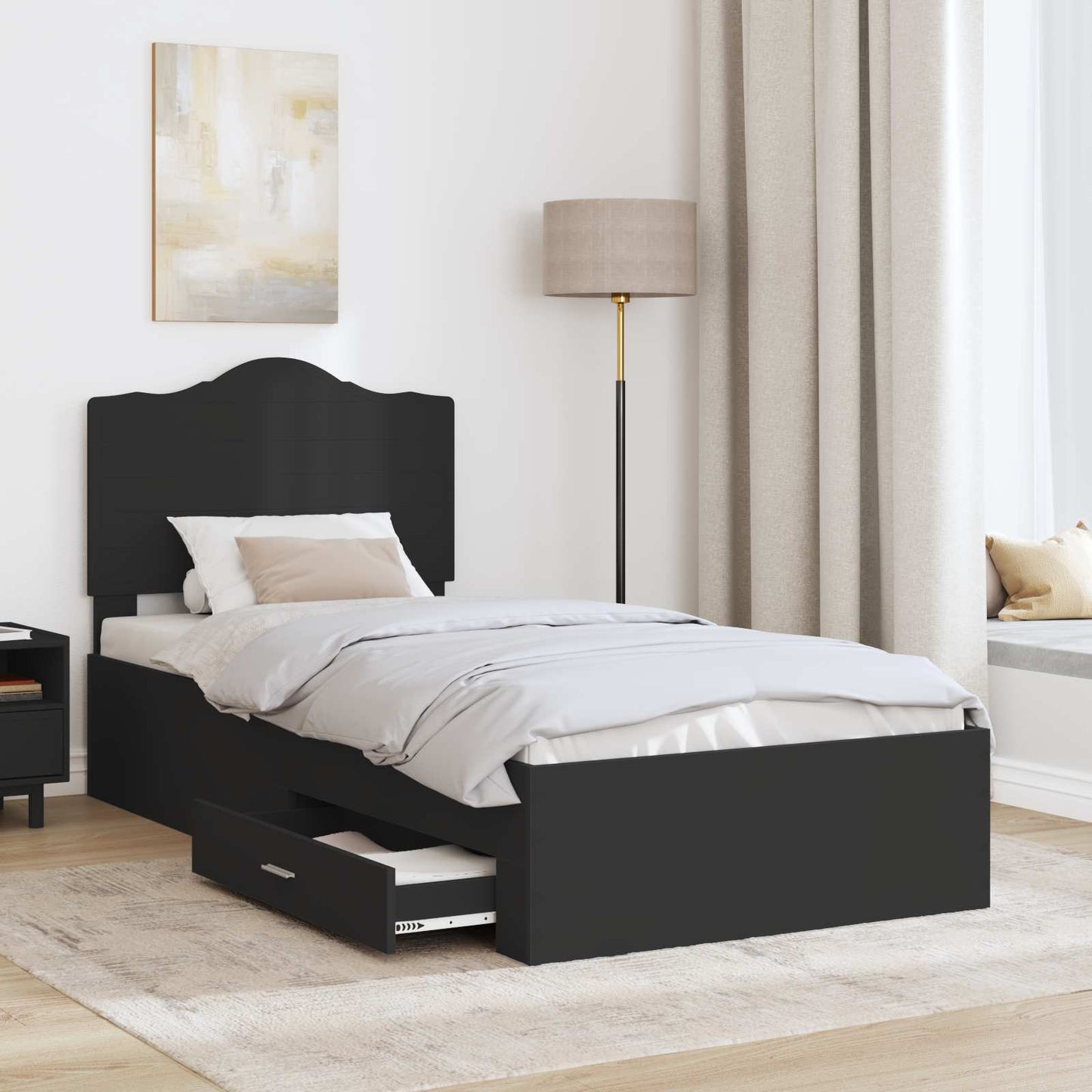 Bedframe met hoofdeinde met lade Zwart 75 x 190 cm Bewerkt hout