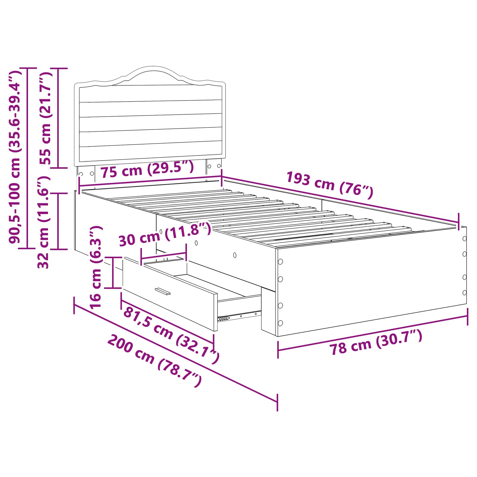 Bedframe met hoofdeinde Sonoma Eiken 75 x 190 cm Bewerkt hout