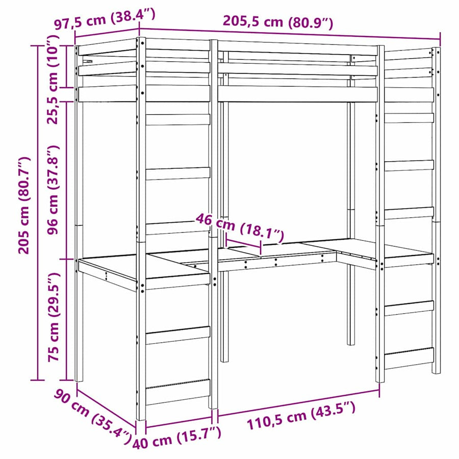 Hoogslaper bedframe Naturel 90 x 200 cm Massief grenenhout