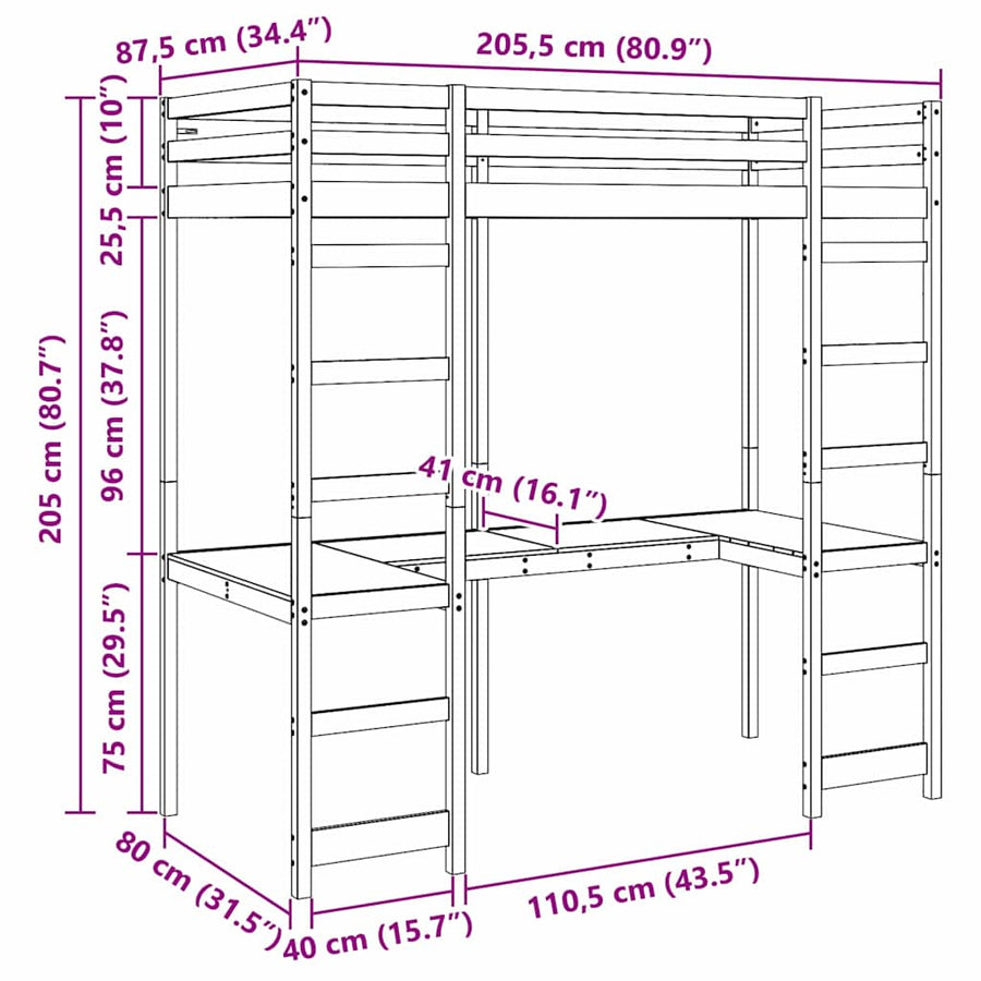 Hoogslaper bedframe Wit 80 x 200 cm Massief grenenhout