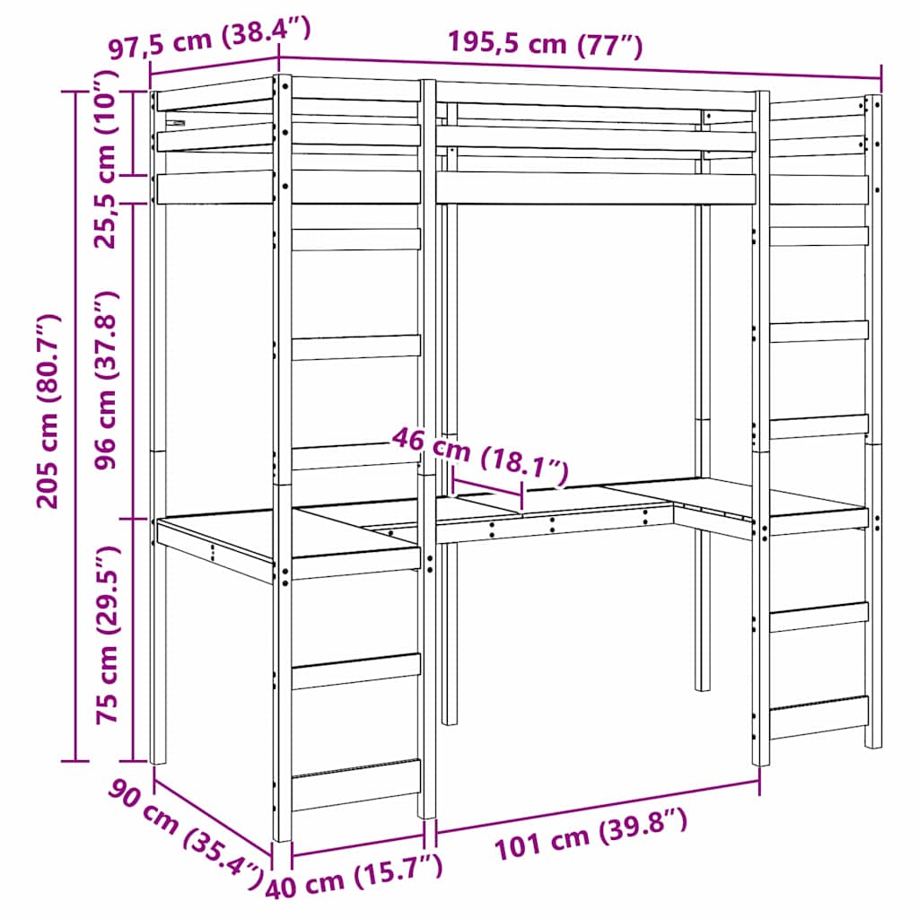 Hoogslaper bedframe Wit 90 x 190 cm Massief grenenhout