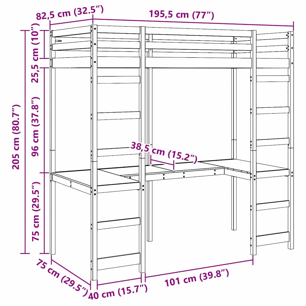 Hoogslaper bedframe Wit 75 x 190 cm Massief grenenhout