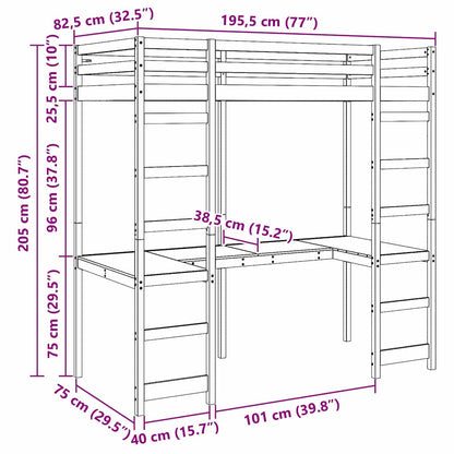 Hoogslaper bedframe Wit 75 x 190 cm Massief grenenhout