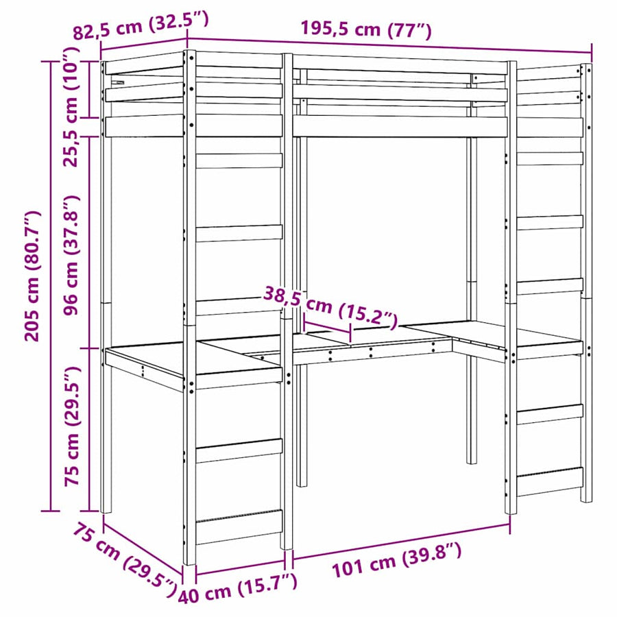 Hoogslaper bedframe Wit 75 x 190 cm Massief grenenhout