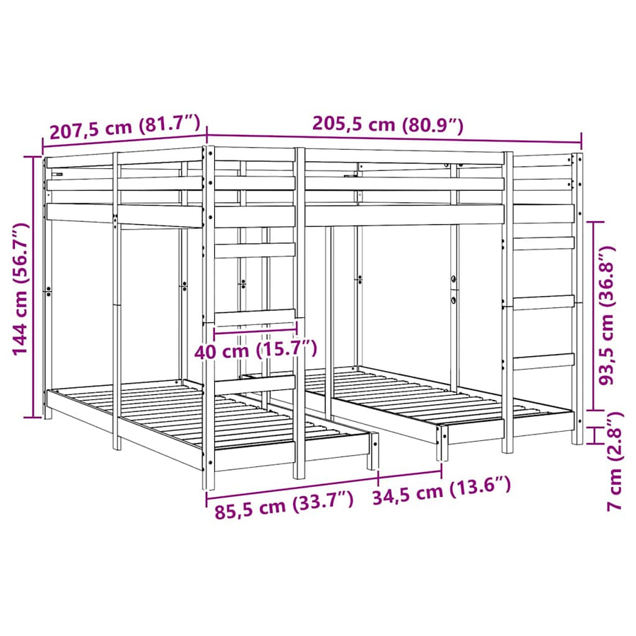 Drie-hoog Bunk Bed Frame Wasbruin 200 x 200 cm