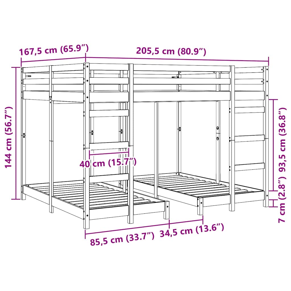 Drie-hoog Bunk Bed Frame Bruin 160 x 200 cm Massief grenenhout