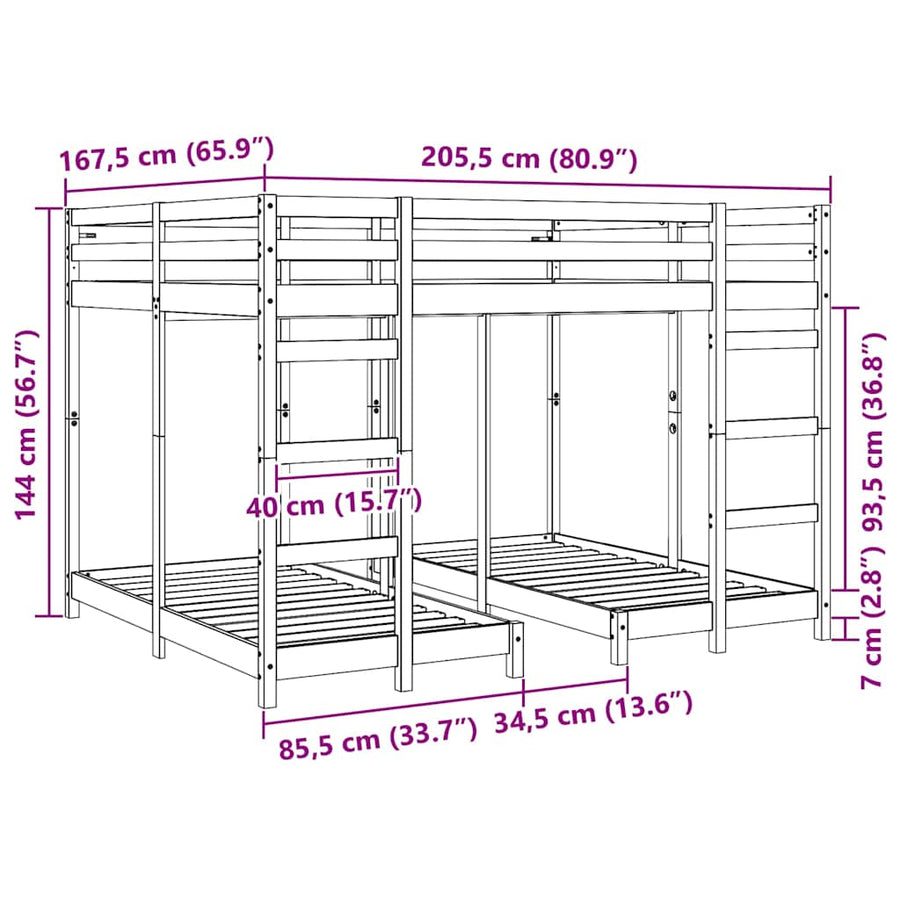 Drie-hoog Bunk Bed Frame Wasbruin 160 x 200 cm