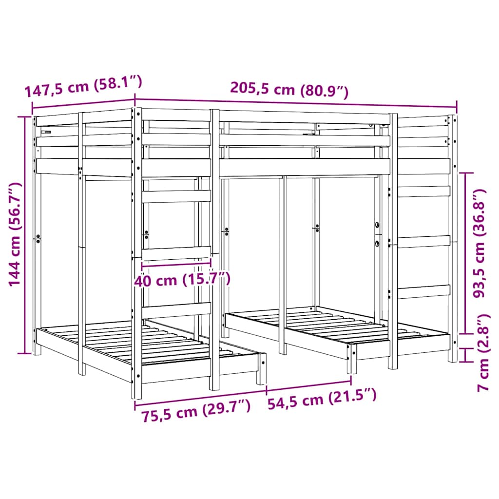 Drie-hoog Bunk Bed Frame Bruin 140 x 200 cm Massief grenenhout