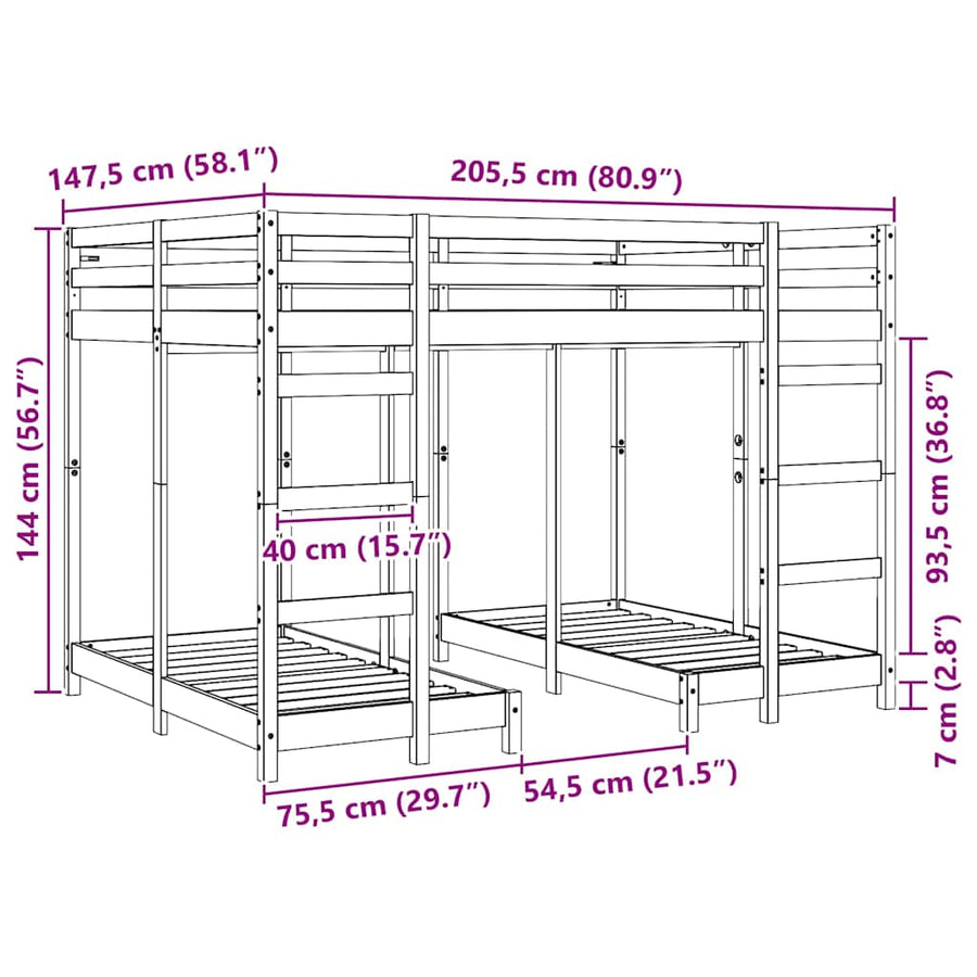 Drie-hoog Bunk Bed Frame Wit 140 x 200 cm Massief grenenhout