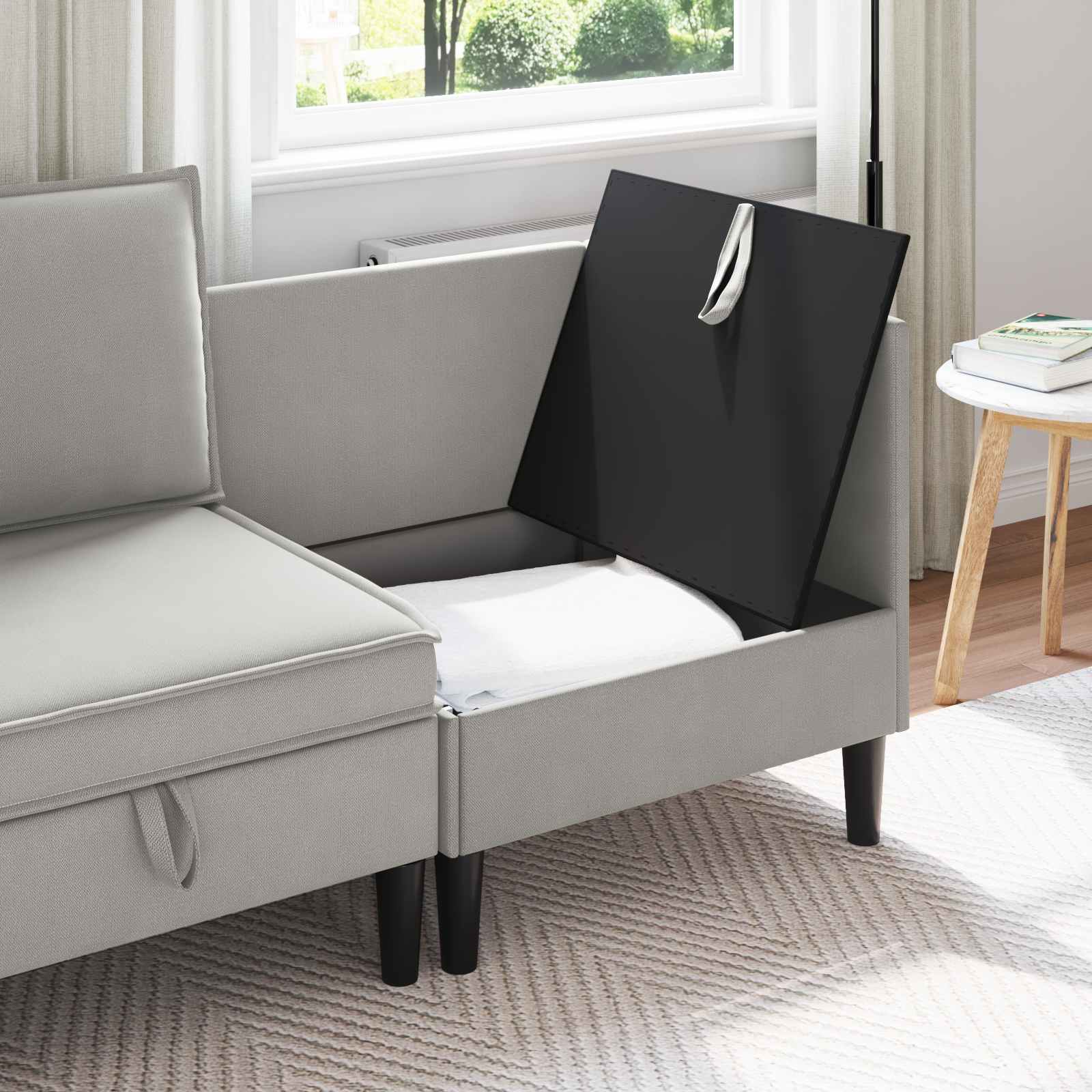 Hoeksofa met Opbergruimte Lichtgrijs Fluweel