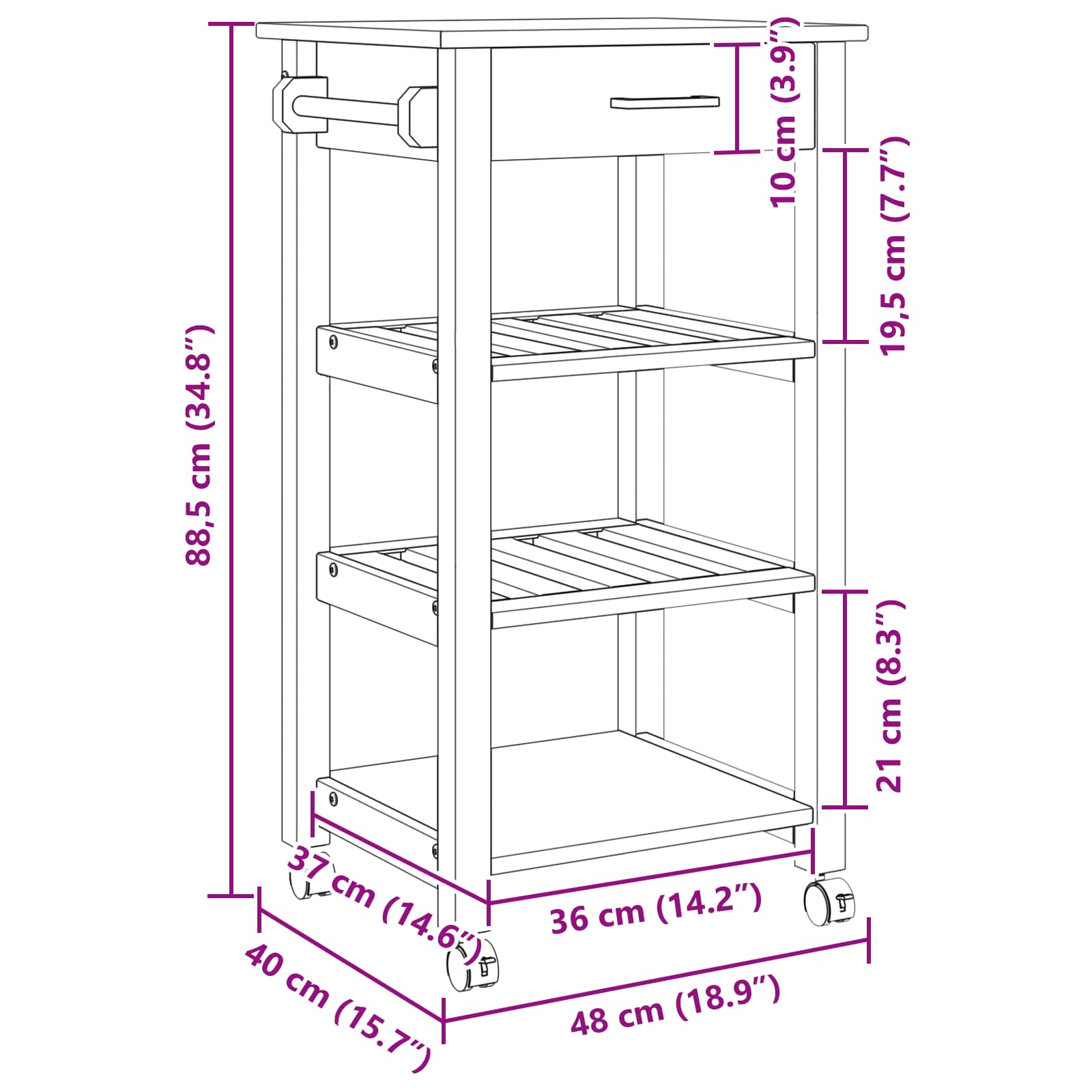 Keuken Trolley Effen 88,5 X 40 X 48 Cm 48 x 40 x 90 cm Zwart