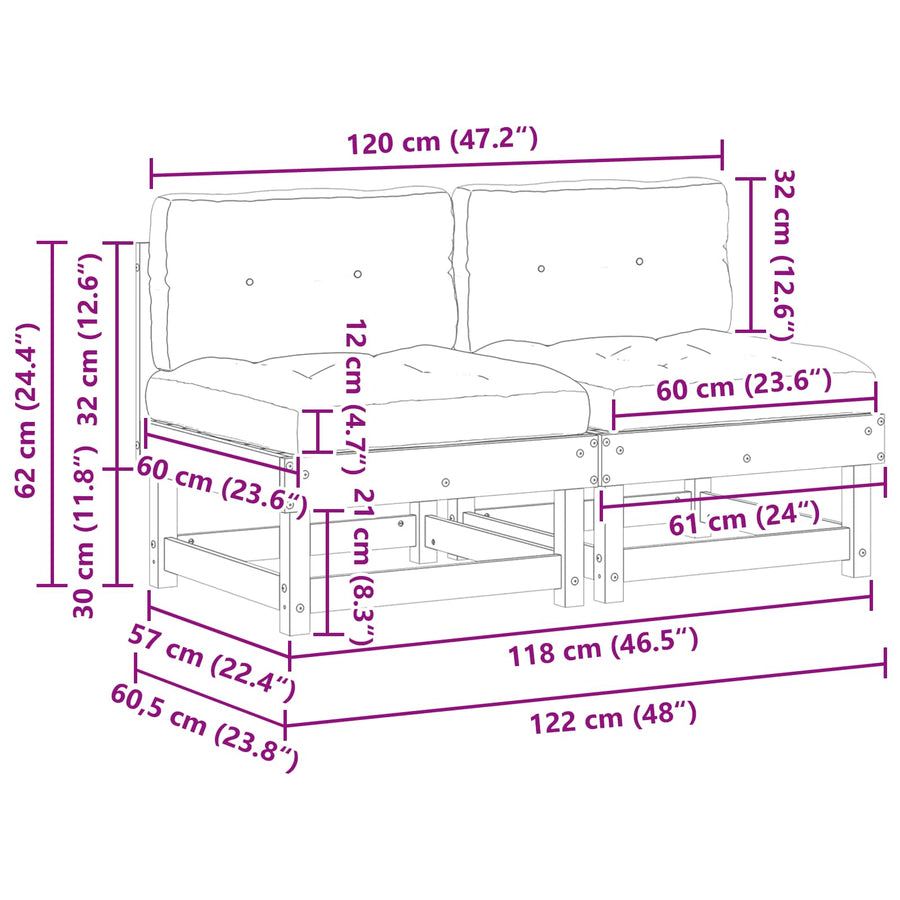 2 Stuk Sectie Sofa Eenheden Massief Vurenhout Was bruin pijnboom 2x midden