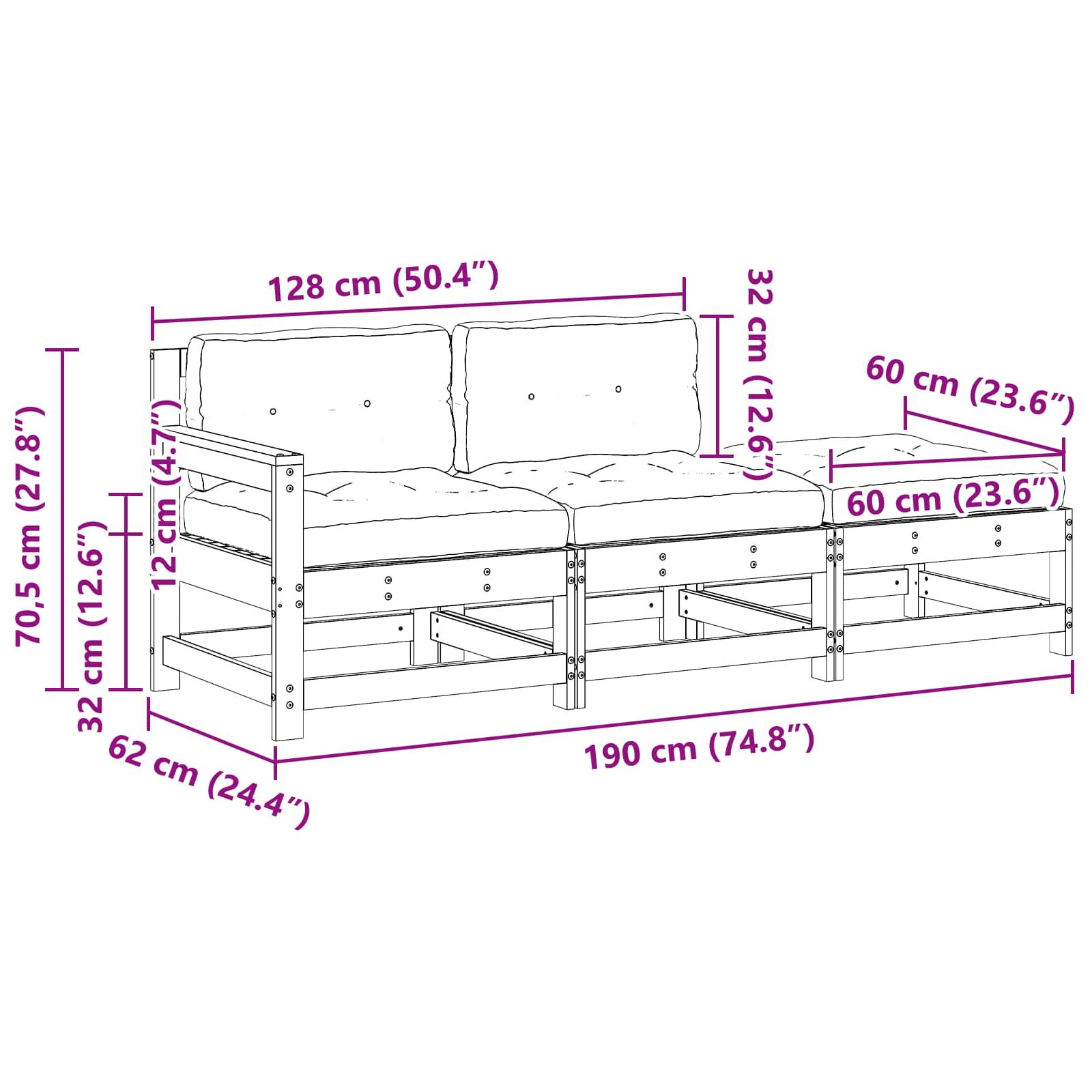 Sectie Sofa Eenheden Waskleur Bruin 190 x 62 x 70,5cm