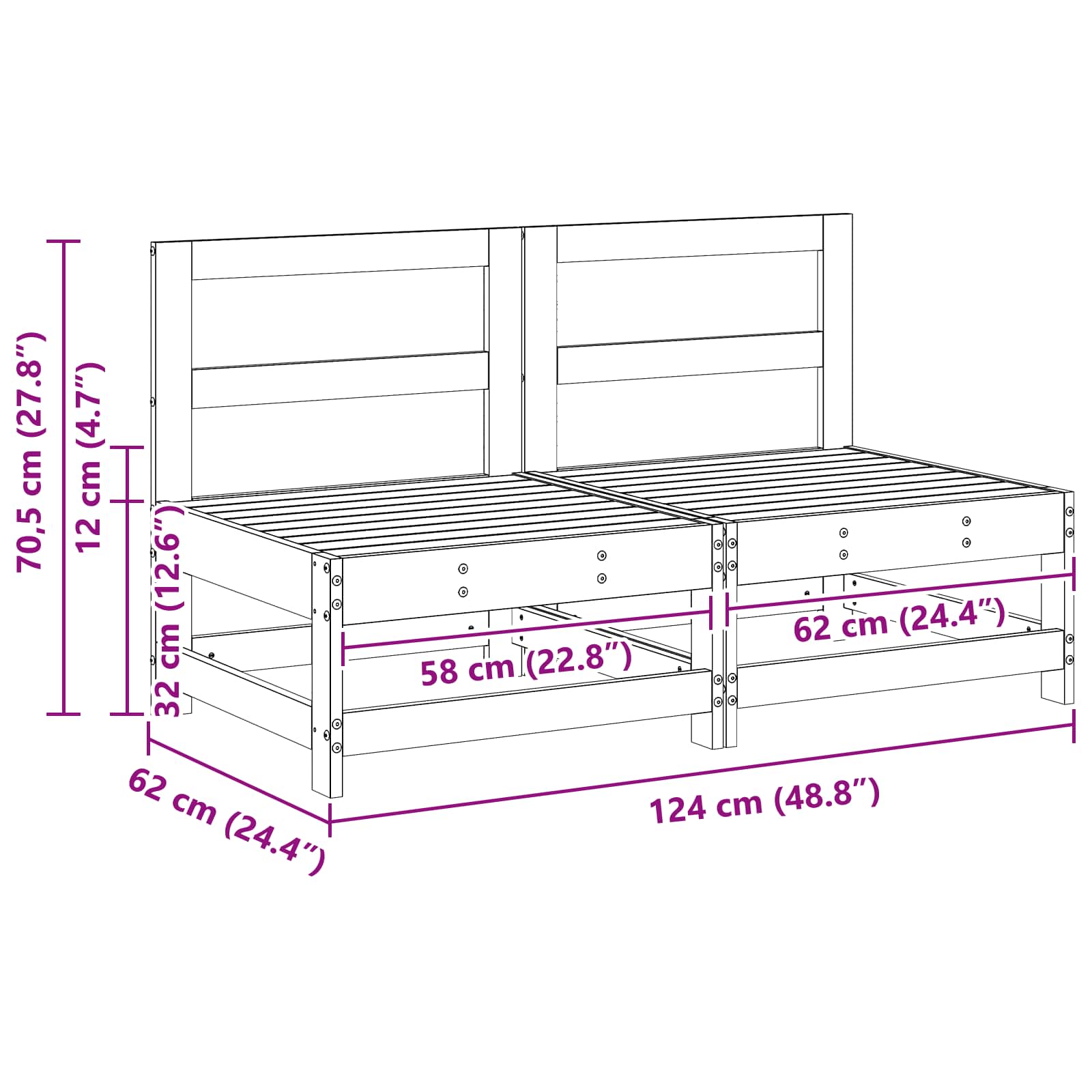 Tuin Midden Sofa Massief grenenhout Wasbruin 124 x 62 x 70,5 cm