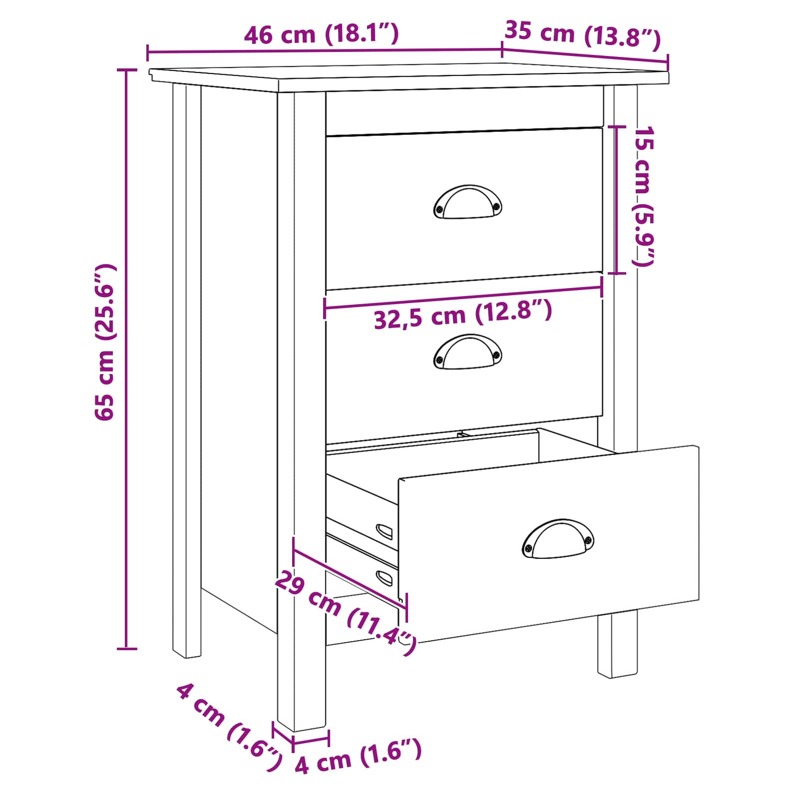 Nachtkastje Honingbruin 46 x 35 x 65 cm Massief Vurenhout