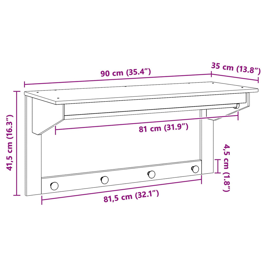 Kapstok Wit en honingbruin 90 x 35 x 41.5 cm Massief Vurenhout