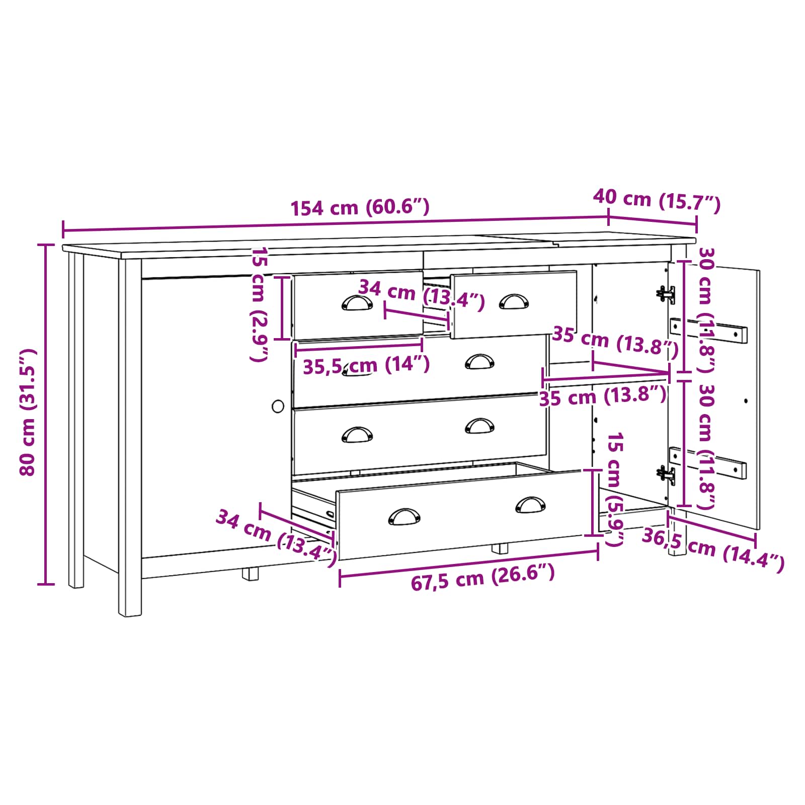 Dressoir HILL Honingbruin 154 x 40 x 80 cm Massief grenenhout