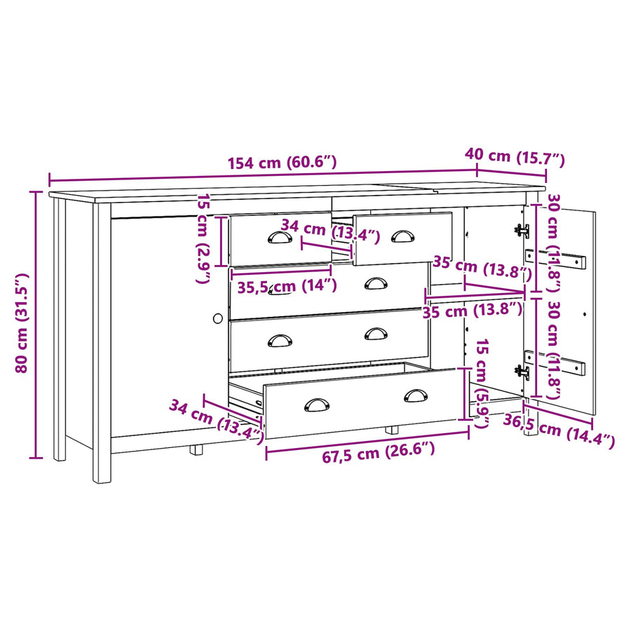 Dressoir HILL Honingbruin 154 x 40 x 80 cm Massief grenenhout