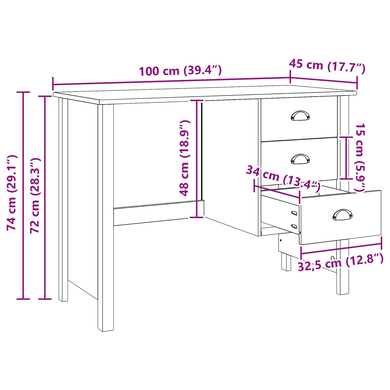 Bureau met lades Honingbruin 100 x 45 x 74 cm Massief Vurenhout