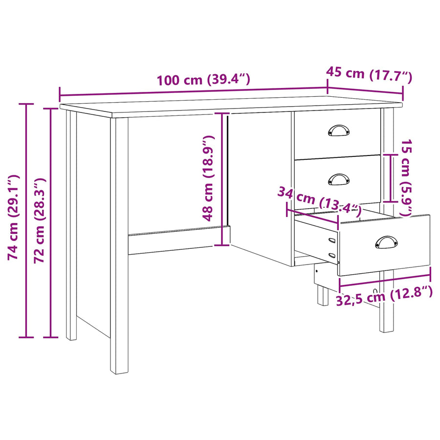 Bureau met lades Honingbruin 100 x 45 x 74 cm Massief Vurenhout