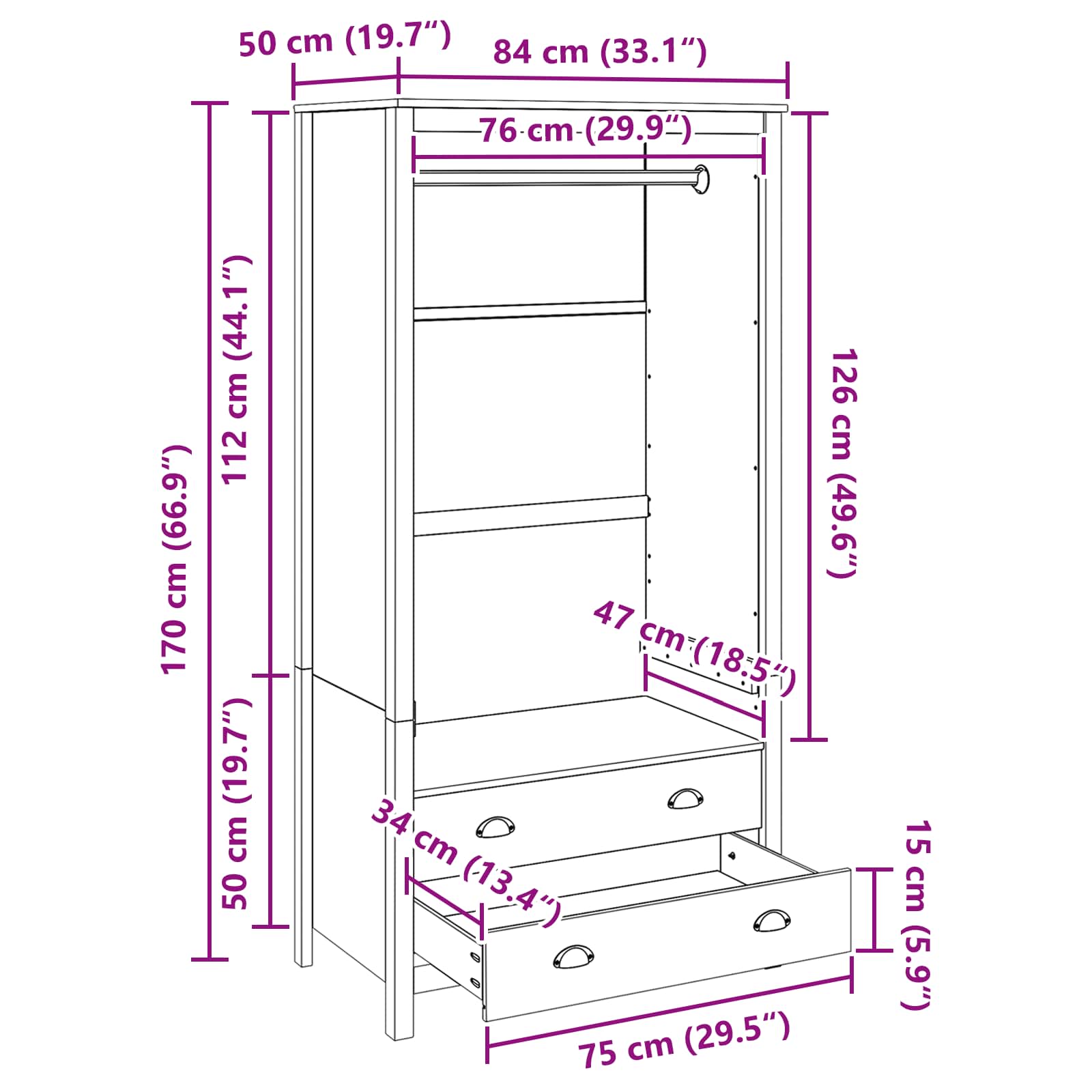 Kledingkast Honingbruin 84 x 50 x 170 cm Massief Vurenhout