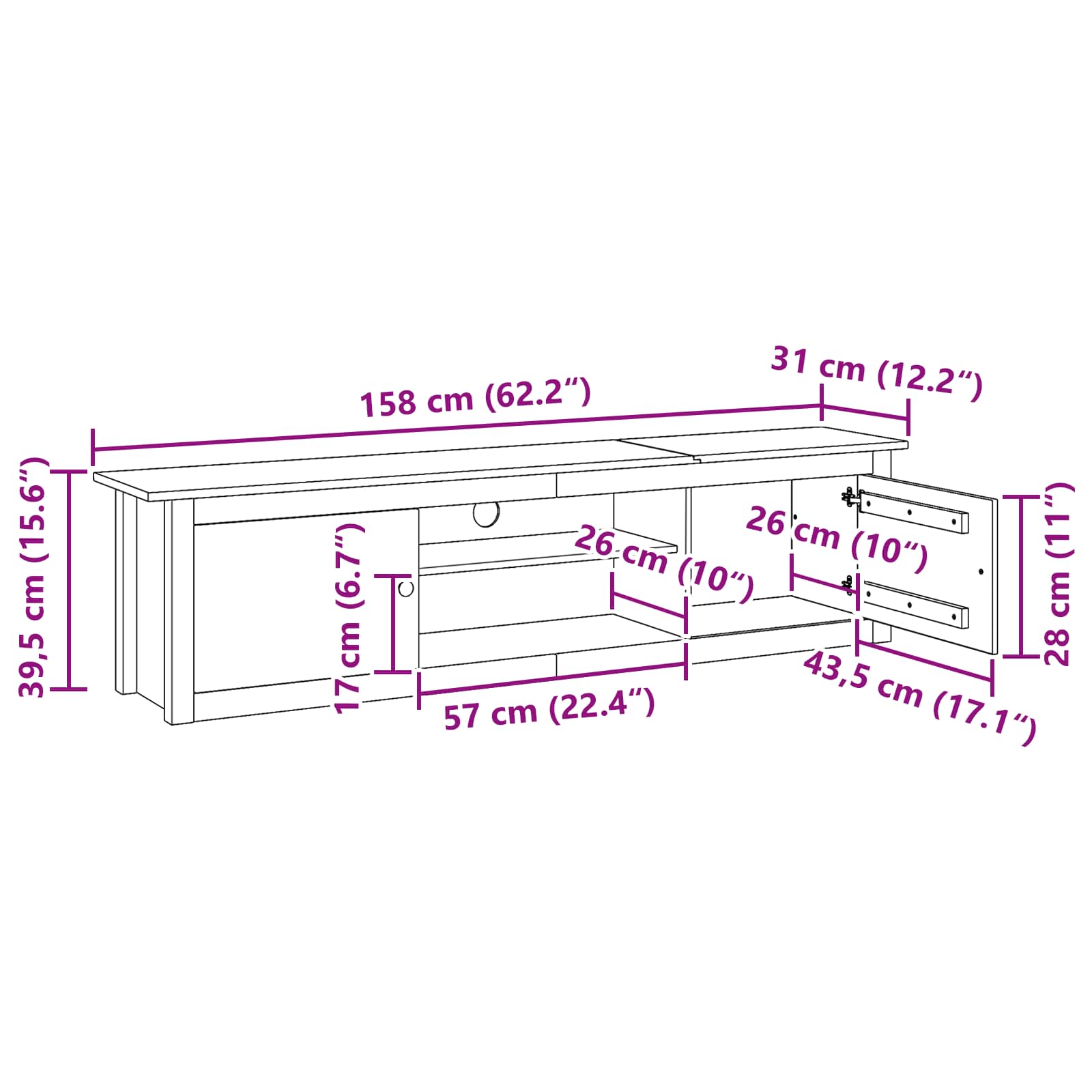 TV Rek HILL Honingbruin 158 x 40 x 39.5 cm Massief grenenhout