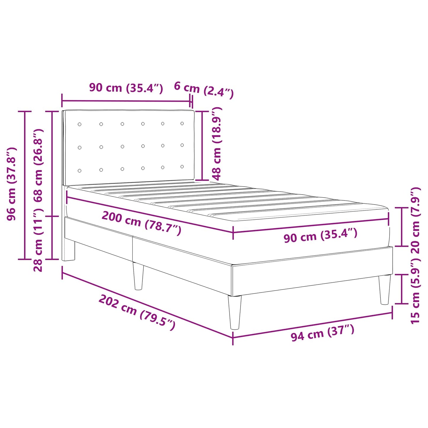 Bedframe met matras met hoofdeinde Blauw 90 x 200 cm Stof