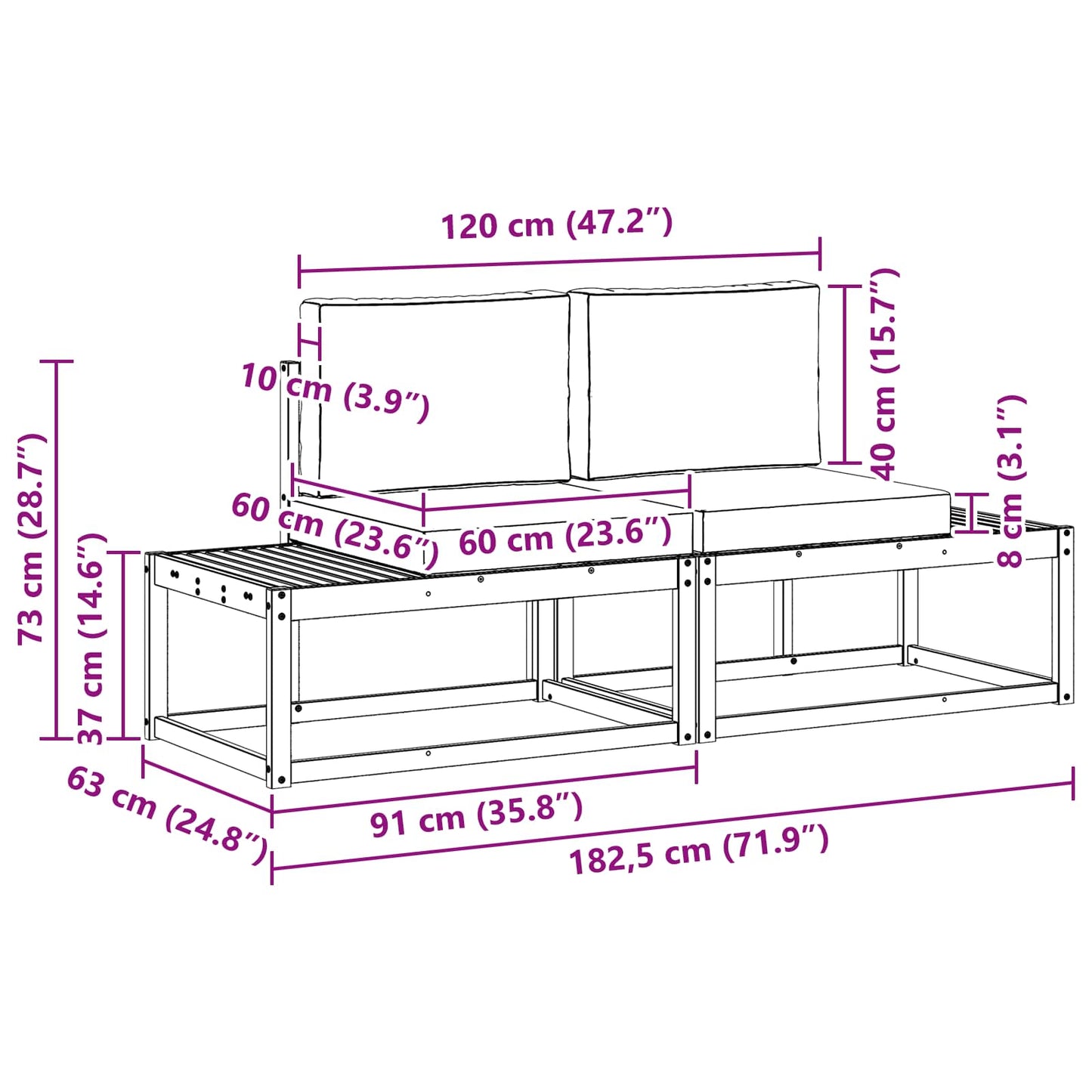 Buiten Eind Sofa met kussen 2 Stuk Wit Massief Acaciahout