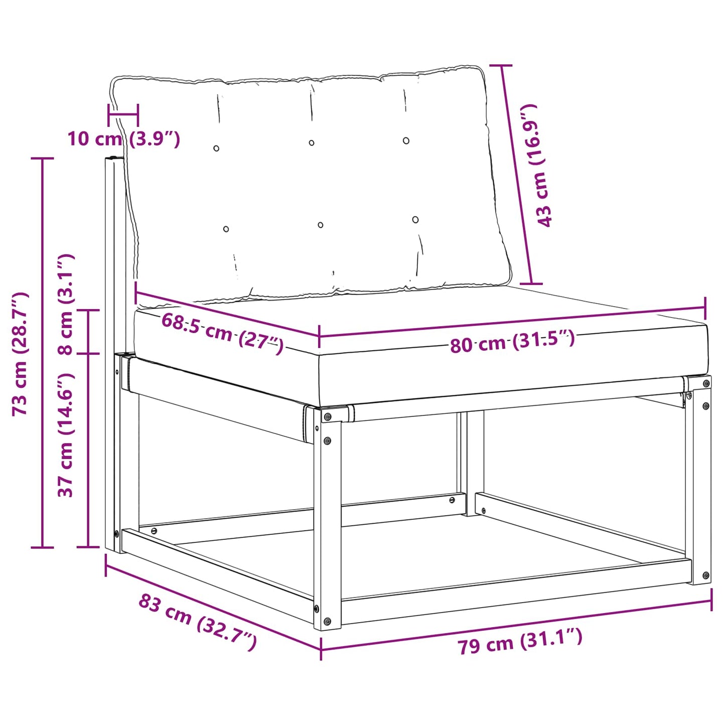 Buiten Midden Sofa met kussen Wit 79 x 83 x 73 cm staal