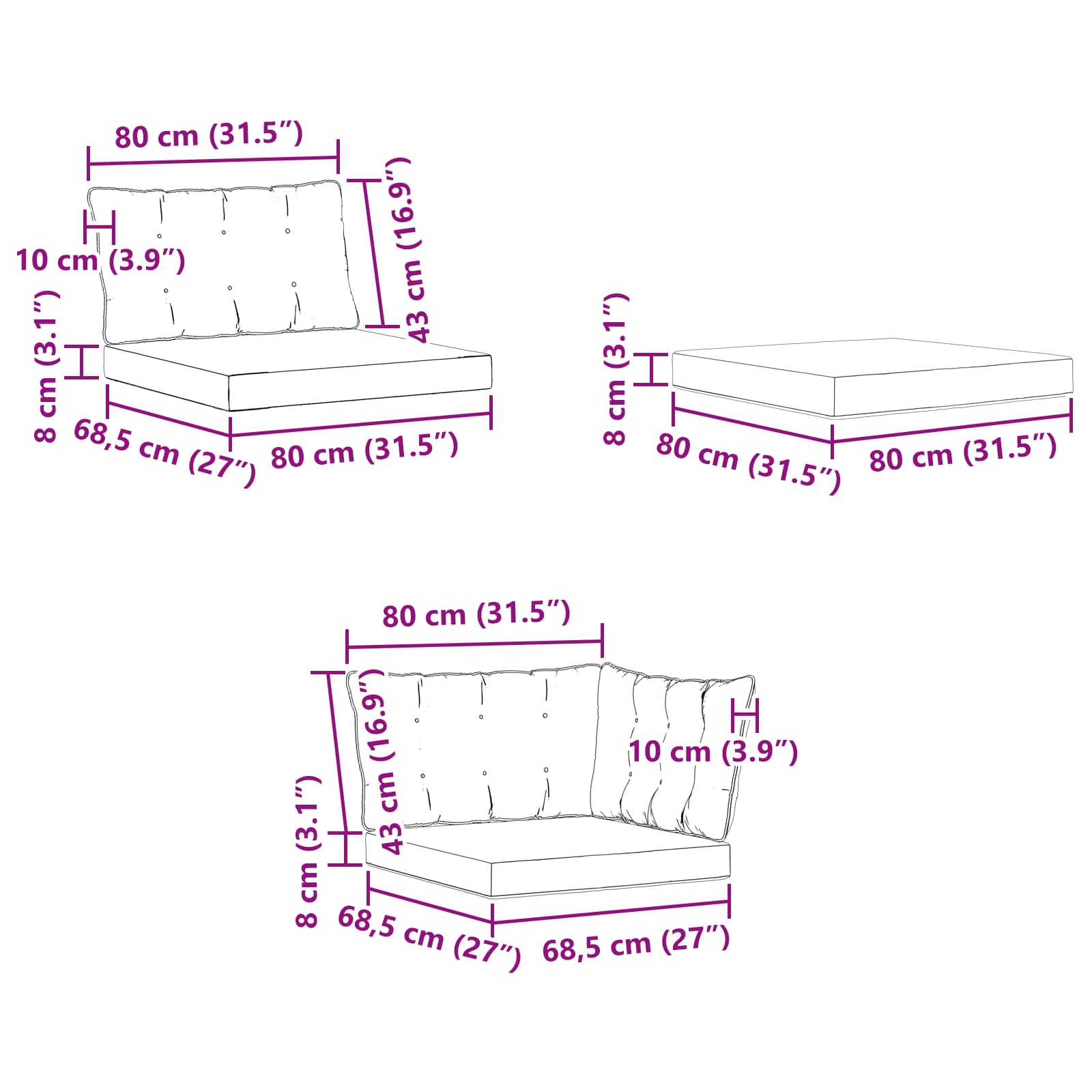 Sectie Sofa Eenheden met kussen Wit 241,5 x 83 x 73 cm