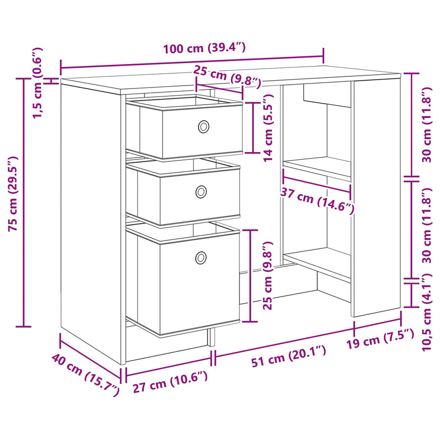 Bureau met lade Gerookt eiken 100 x 40 x 75 cm Bewerkt hout