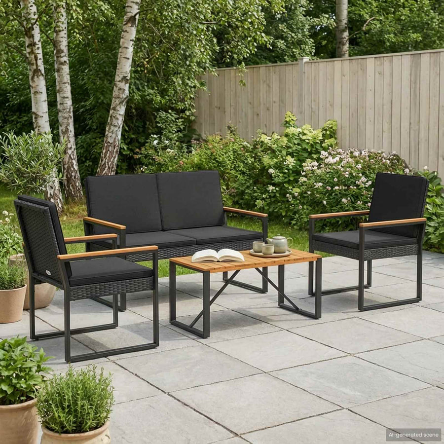 Tuinset met kussen 4-delig Zwart polyrattan