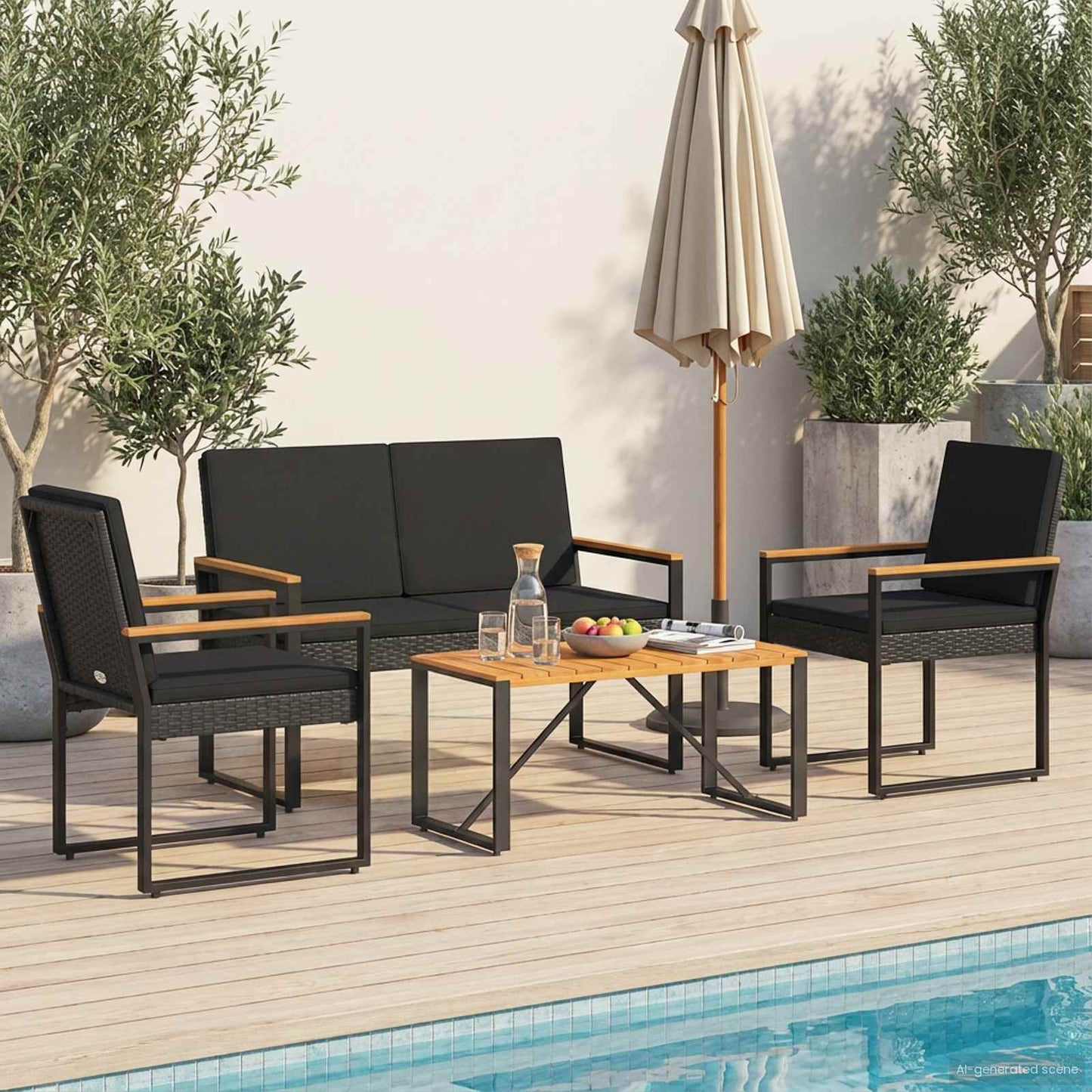 Tuinset met kussen 4-delig Zwart polyrattan