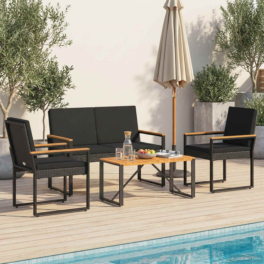 Tuinset met kussen 4-delig Zwart polyrattan