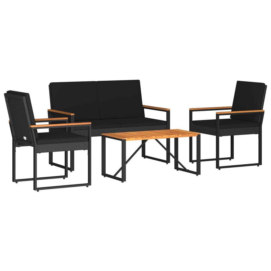 Tuinset met kussen 4-delig Zwart polyrattan