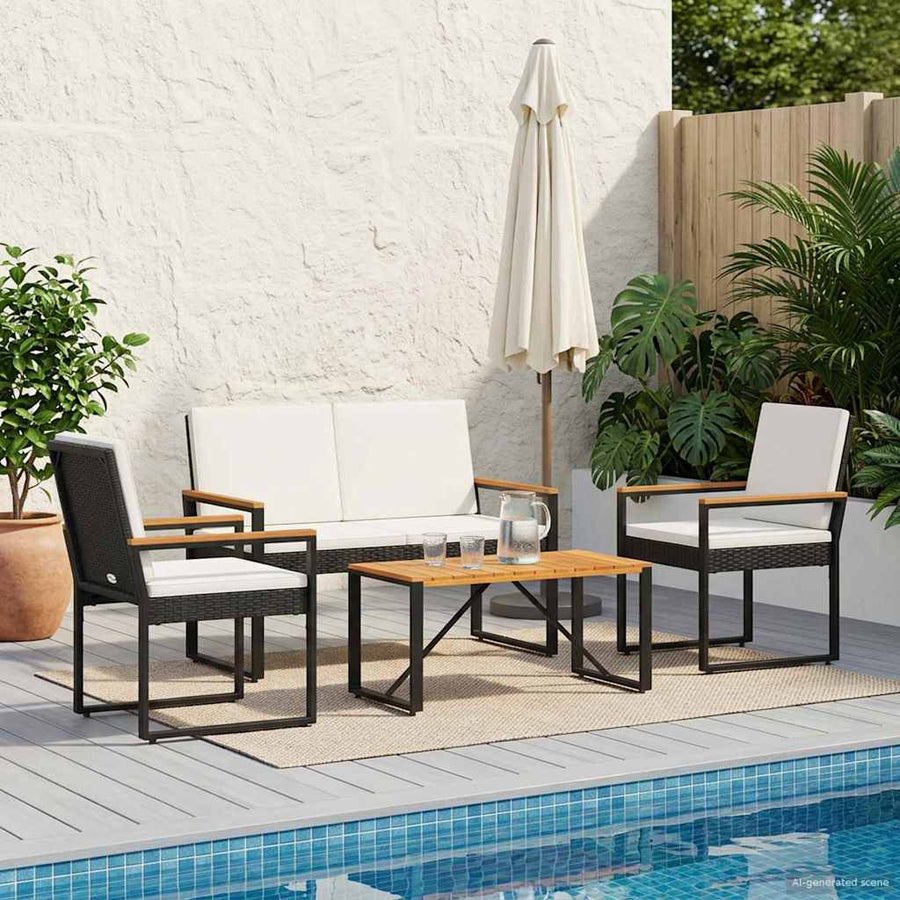 Buitenmeubelset met kussen 4 pcs Zwart en Cream Wit poly rattan