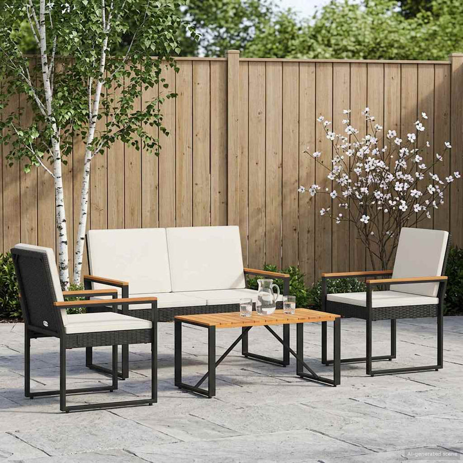 Buitenmeubelset met kussen 4 pcs Zwart en Cream Wit poly rattan