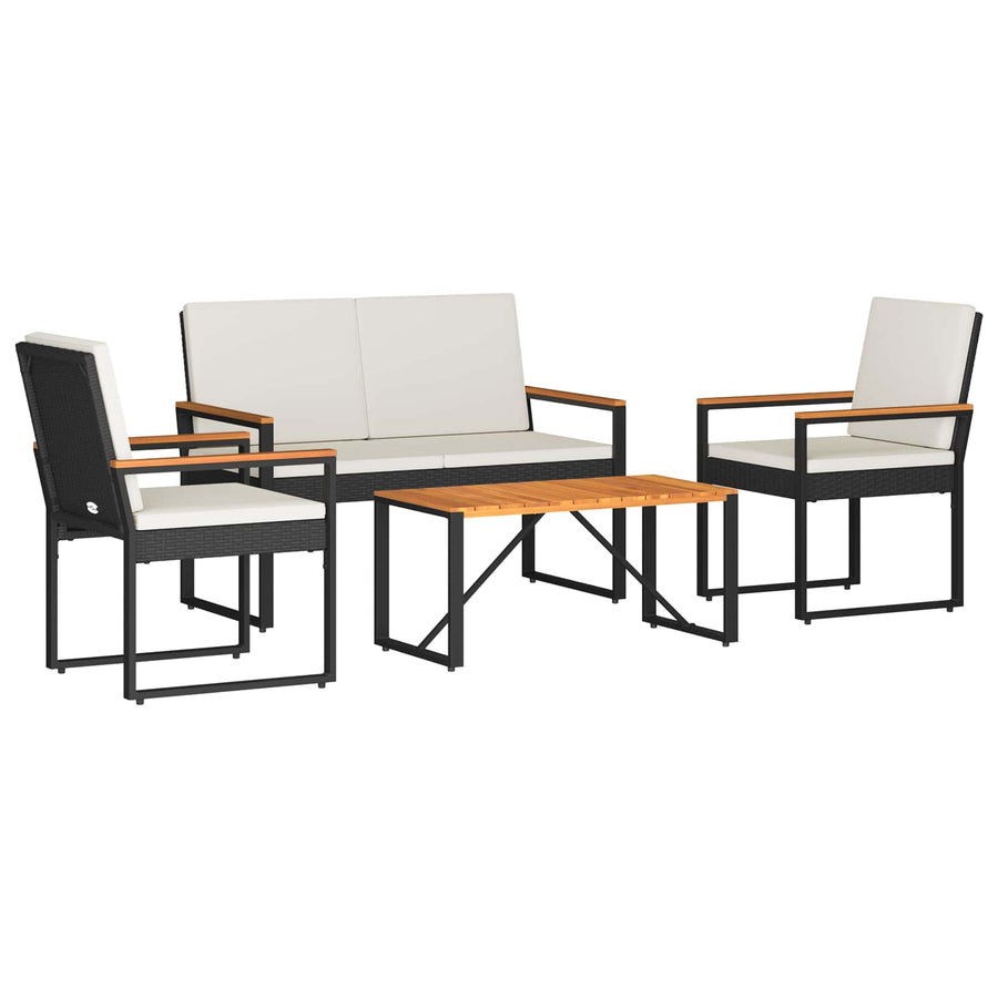 Buitenmeubelset met kussen 4 pcs Zwart en Cream Wit poly rattan