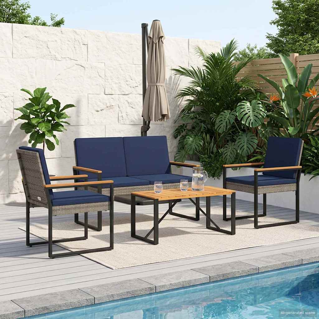Buitenmeubelset 4 pcs Grijs en Marineblauw poly rattan