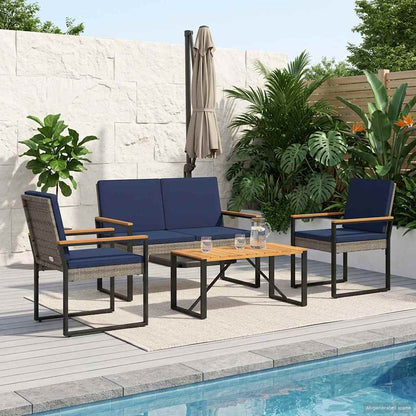 Buitenmeubelset 4 pcs Grijs en Marineblauw poly rattan