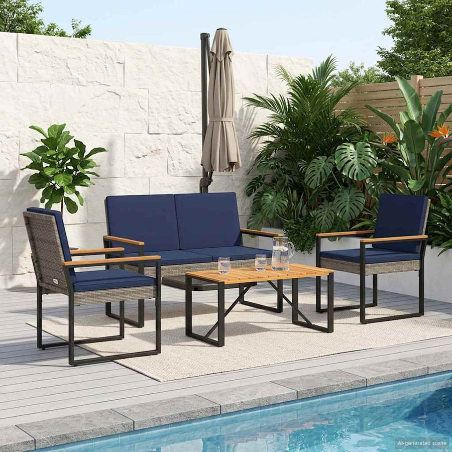 Buitenmeubelset 4 pcs Grijs en Marineblauw poly rattan