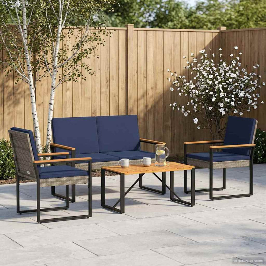 Buitenmeubelset 4 pcs Grijs en Marineblauw poly rattan