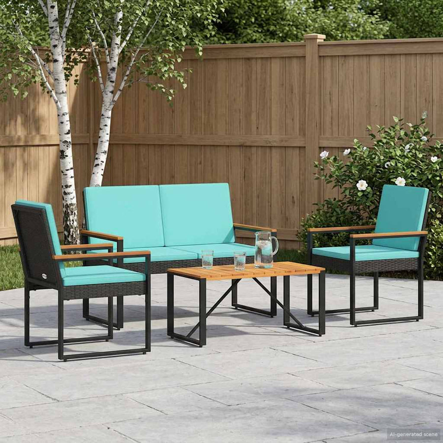 Buitenmeubelset met kussen 4 pcs Zwart en Turquoise poly rattan