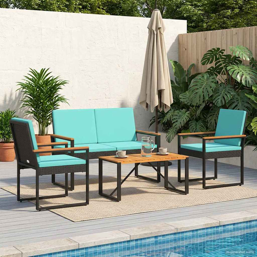 Buitenmeubelset met kussen 4 pcs Zwart en Turquoise poly rattan