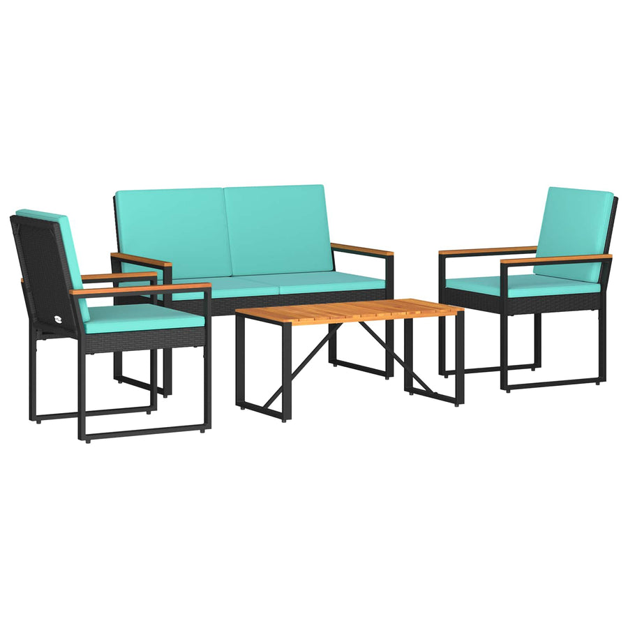 Buitenmeubelset met kussen 4 pcs Zwart en Turquoise poly rattan