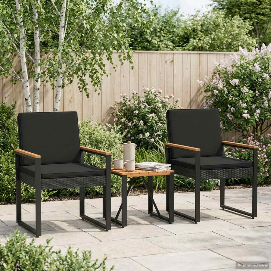 Buitenmeubelset met kussen 3 pcs Zwart poly rattan