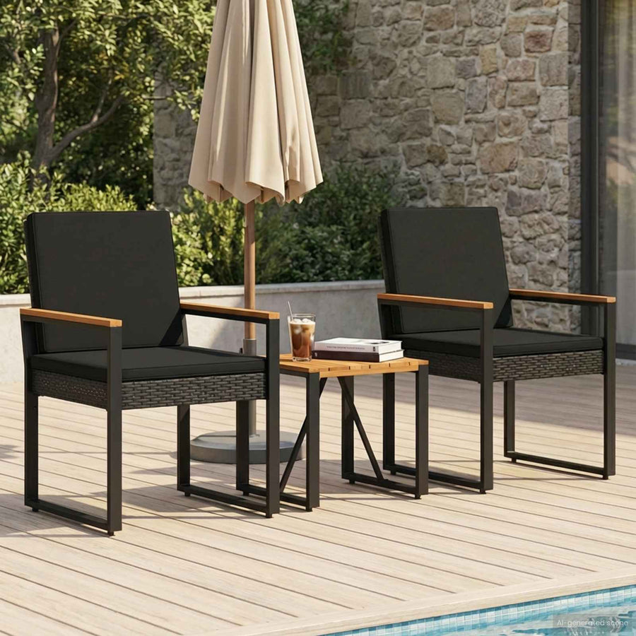 Buitenmeubelset met kussen 3 pcs Zwart poly rattan