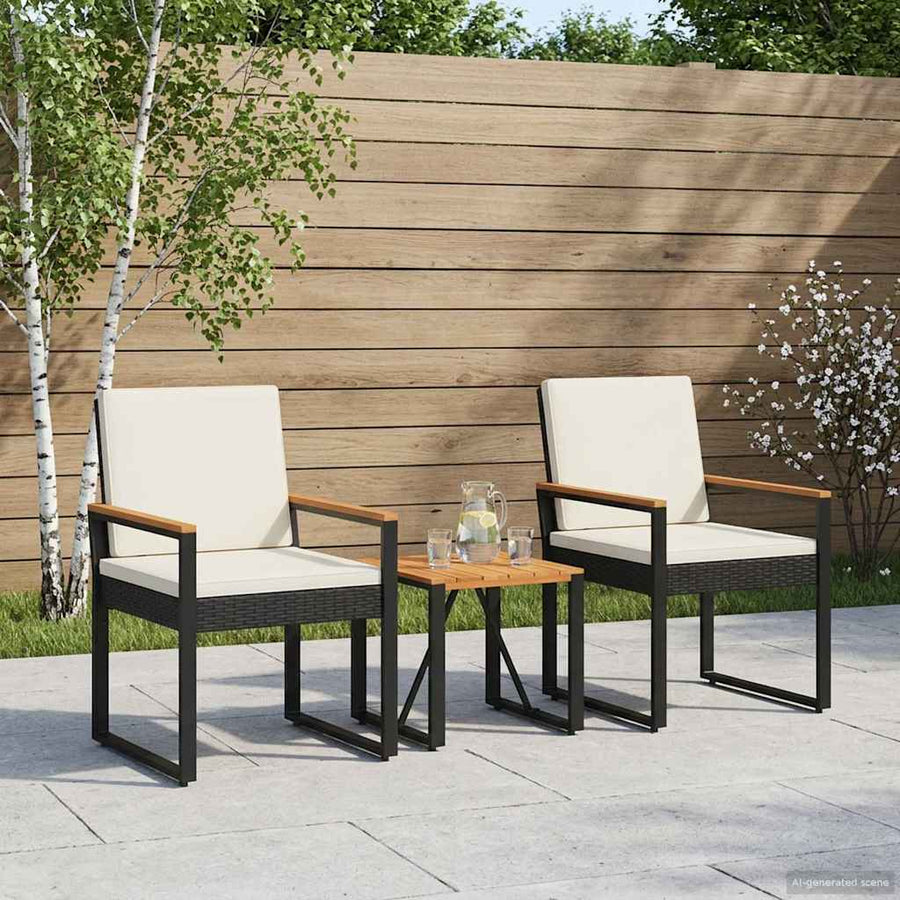 Buitenmeubelset met kussen 3 pcs Zwart en Cream Wit poly rattan