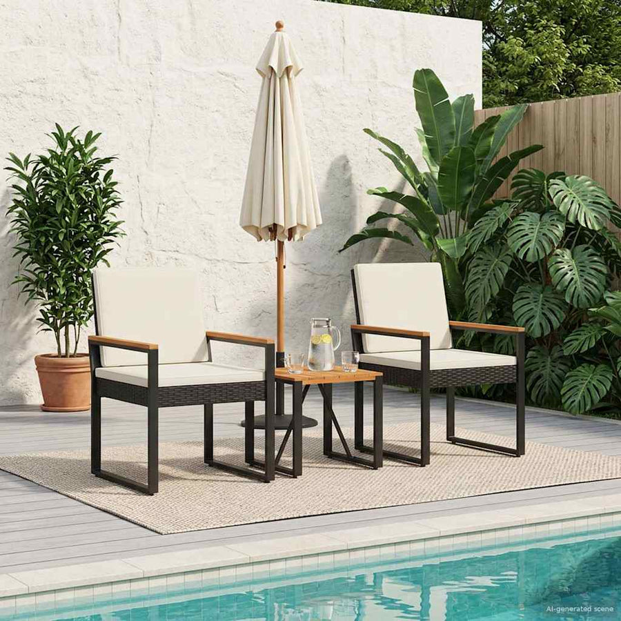 Buitenmeubelset met kussen 3 pcs Zwart en Cream Wit poly rattan