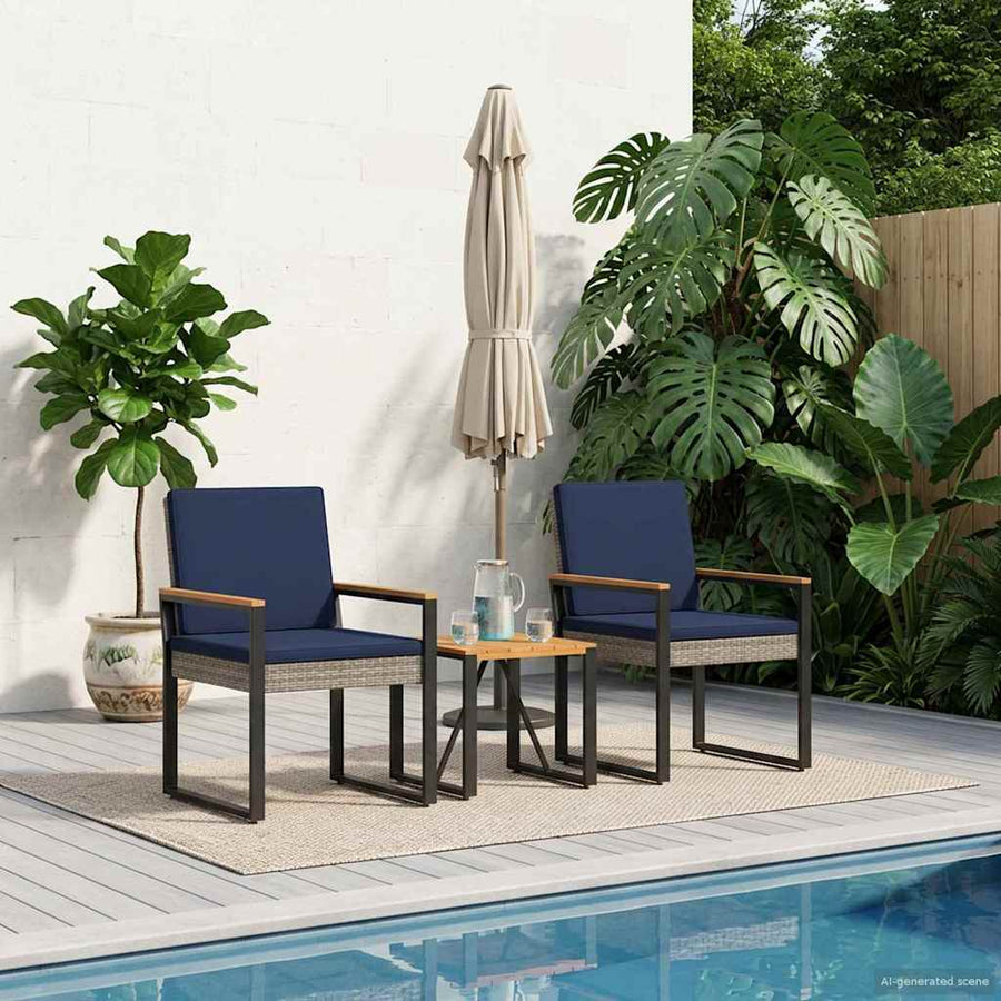 Buitenmeubelset 3 pcs Grijs en Marineblauw poly rattan